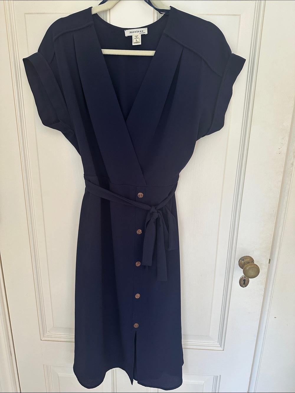 Monteau Navy Wrap-Style Midi Dress with Self-Tie Waist